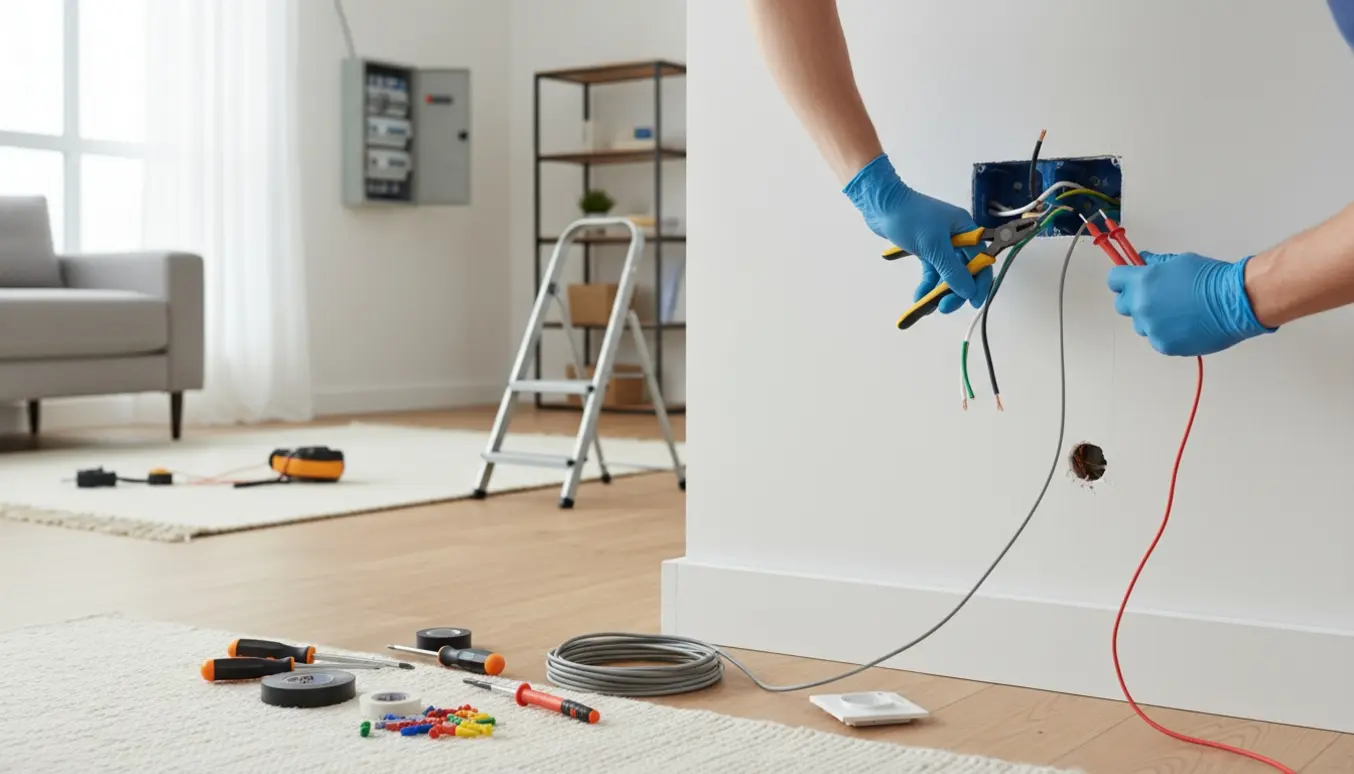 Hænder udfører forskellige el‑opgaver i en lejlighed med åbent stikkontakt og værktøj.