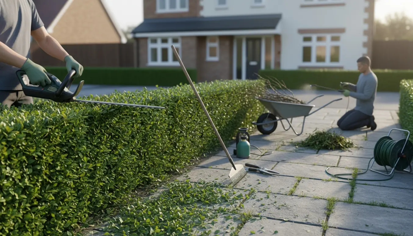 Ligusterhæk klippes og ukrudt fjernes mellem fliser i en forhave, med haveredskaber i baggrunden.