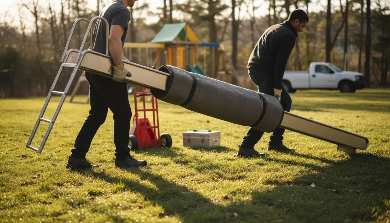 To personer flytter en udendørs stålrutsjebane over en græsplæne mod en varebil, ansigter ikke synlige.