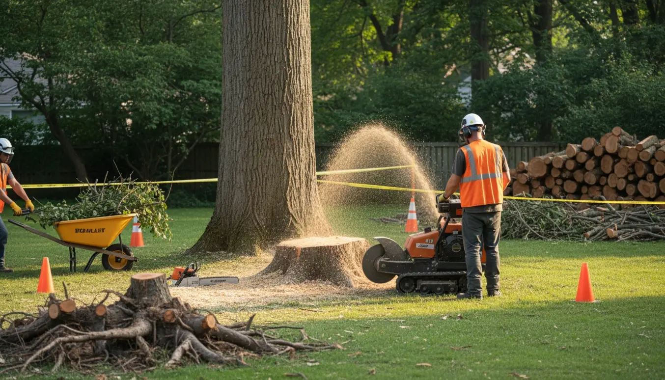 En rodfræser fjerner et træstød i en have med flis og kappede træstammer omkring.
