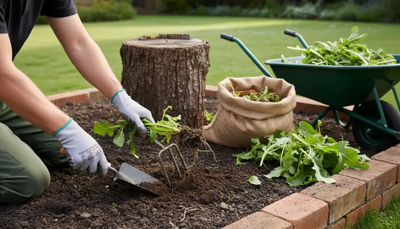 Handskerede hænder fjerner ukrudt fra et bed omkring en bevaret træstub med trillebør og kompostsæk i baggrunden.