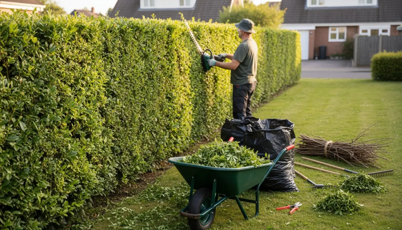 En person klipper en lang, to meter høj ligusterhæk, mens afklip samles i trillebør og sække til bortskaffelse.