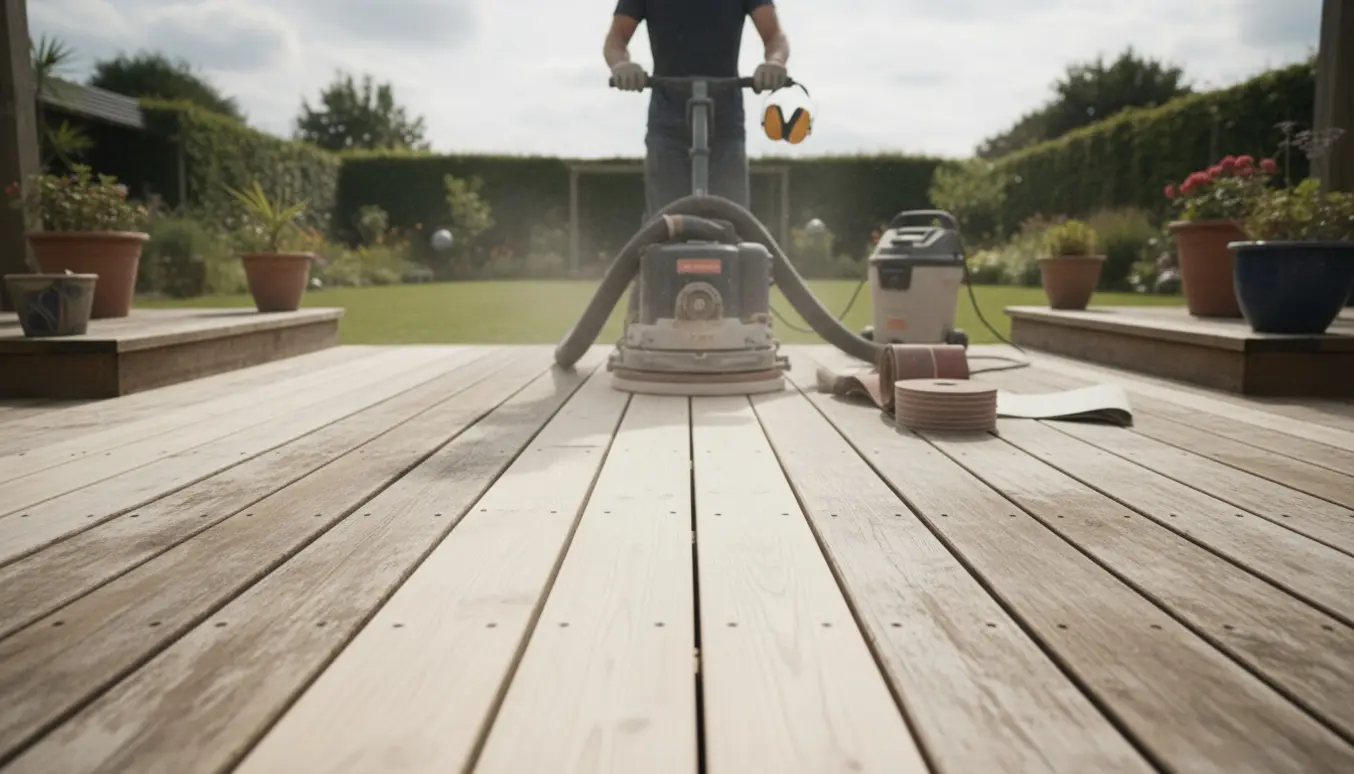 En håndværker sliber en slidt træterrasse med en professionel gulvsliber, hvor nyslebne planker står i kontrast til vejrligspåvirket træ.