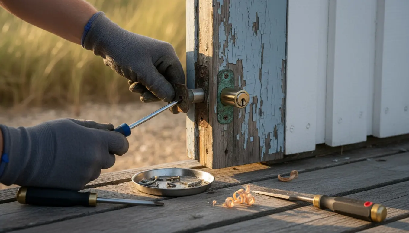 Hænder skifter lås på en vejrbidt træhoveddør i et gammelt sommerhus med nye låsekomponenter og værktøj.