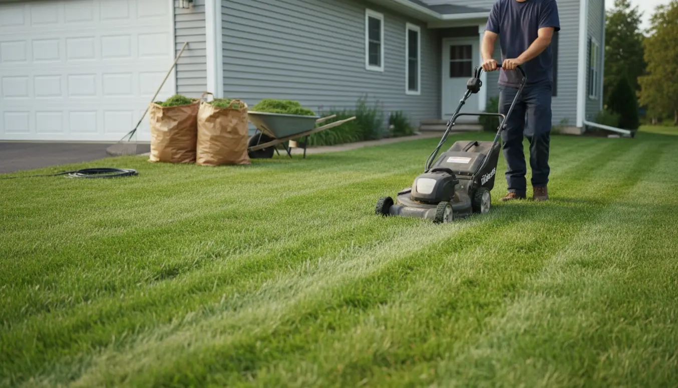 Plæneklipning ved et parcelhus med en elektrisk plæneklipper og fyldte haveaffaldssække på indkørslen.