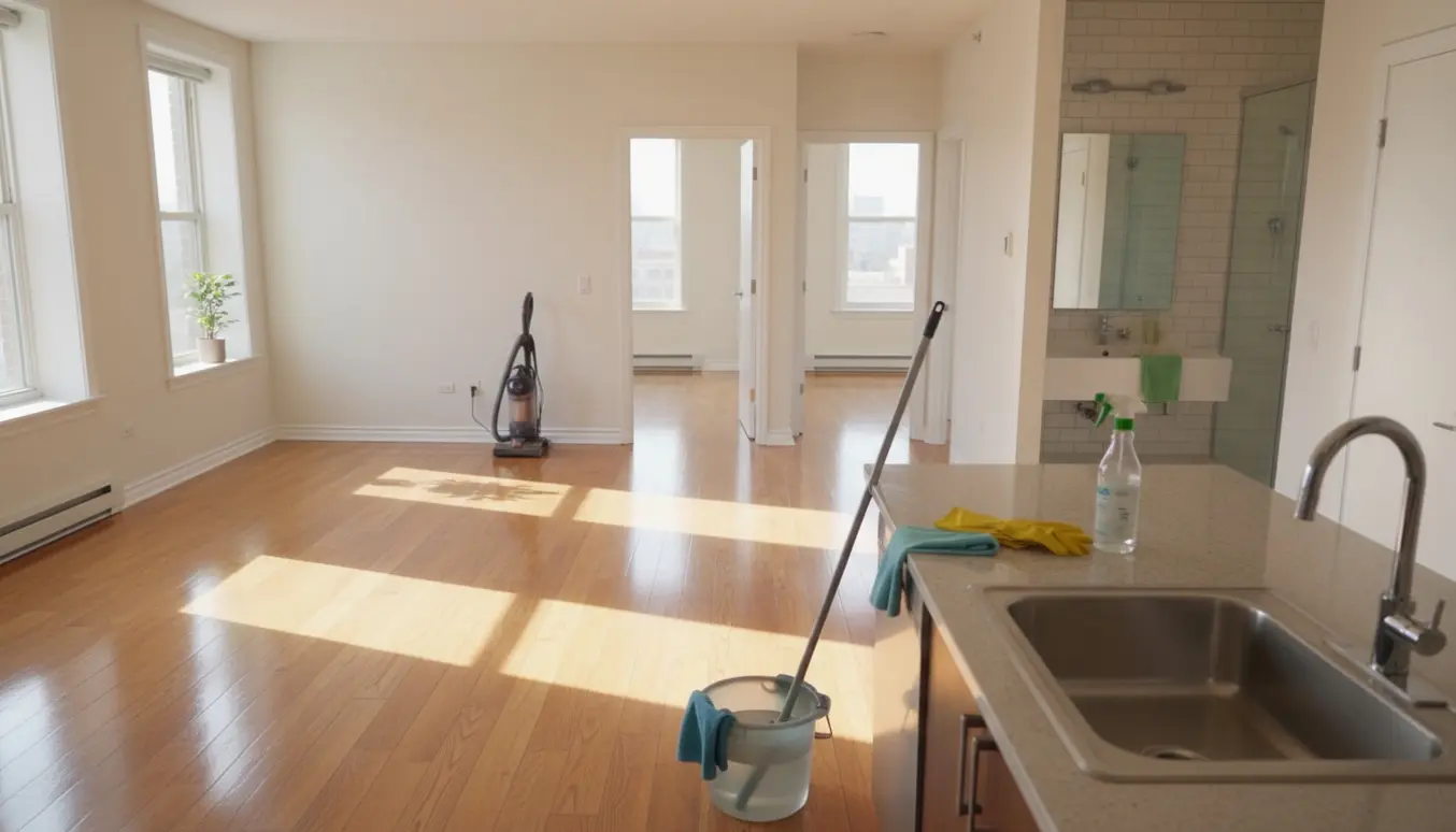 Nyligt rengjort tom lejlighed i sollys med moppe, spand og støvsuger.