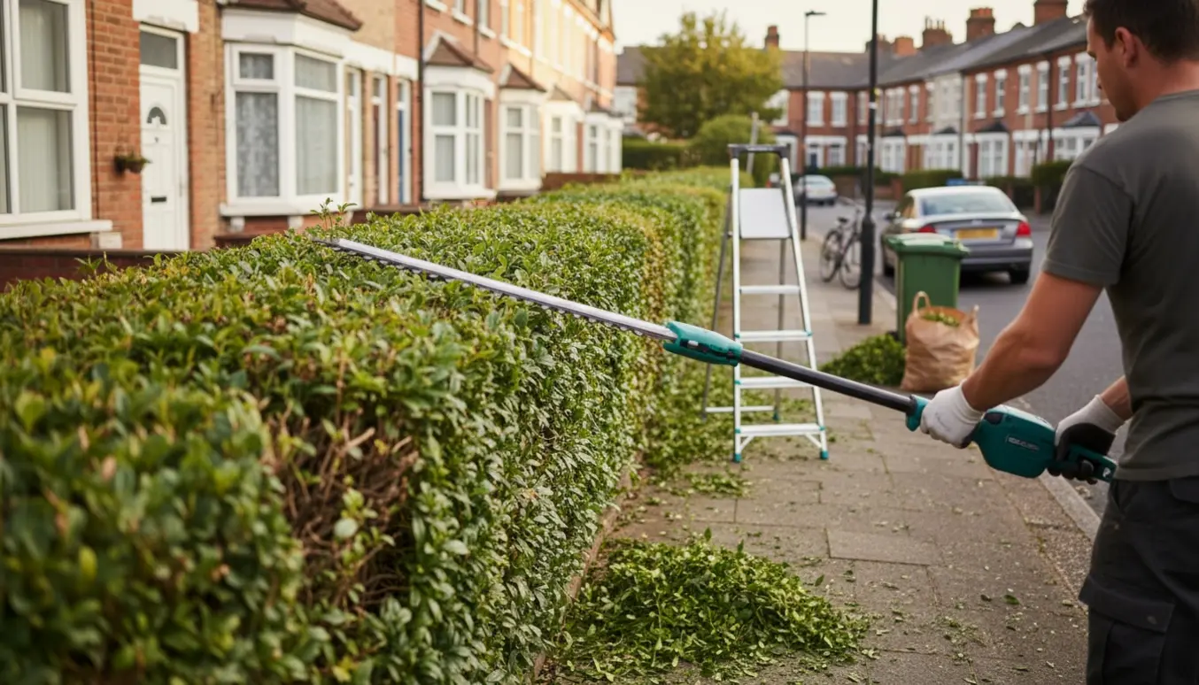 En 25 m hæk ved et rækkehus bliver trimmet med en lang hækkeklipper, med friske afklip samlet ved fortovet.