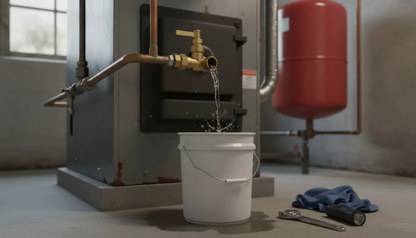 Oliefyr i kælderen hvor sikkerhedsventilen drypper vand ned i en spand.