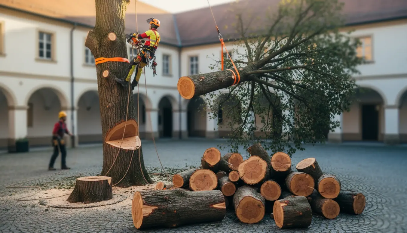 Topfældning af en stor ask med afsavede træsektioner stablet på en gårdsplads.