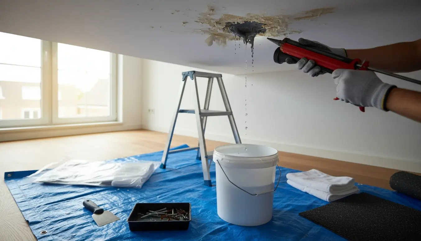 En person på en stige inspicerer og reparerer en vandlækage i loftet med en spand under dryppet.