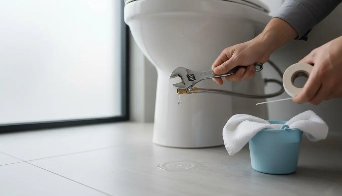 Nyt toilet drypper lidt ved samlingen, hænder med skruenøgle forsøger at tætne.