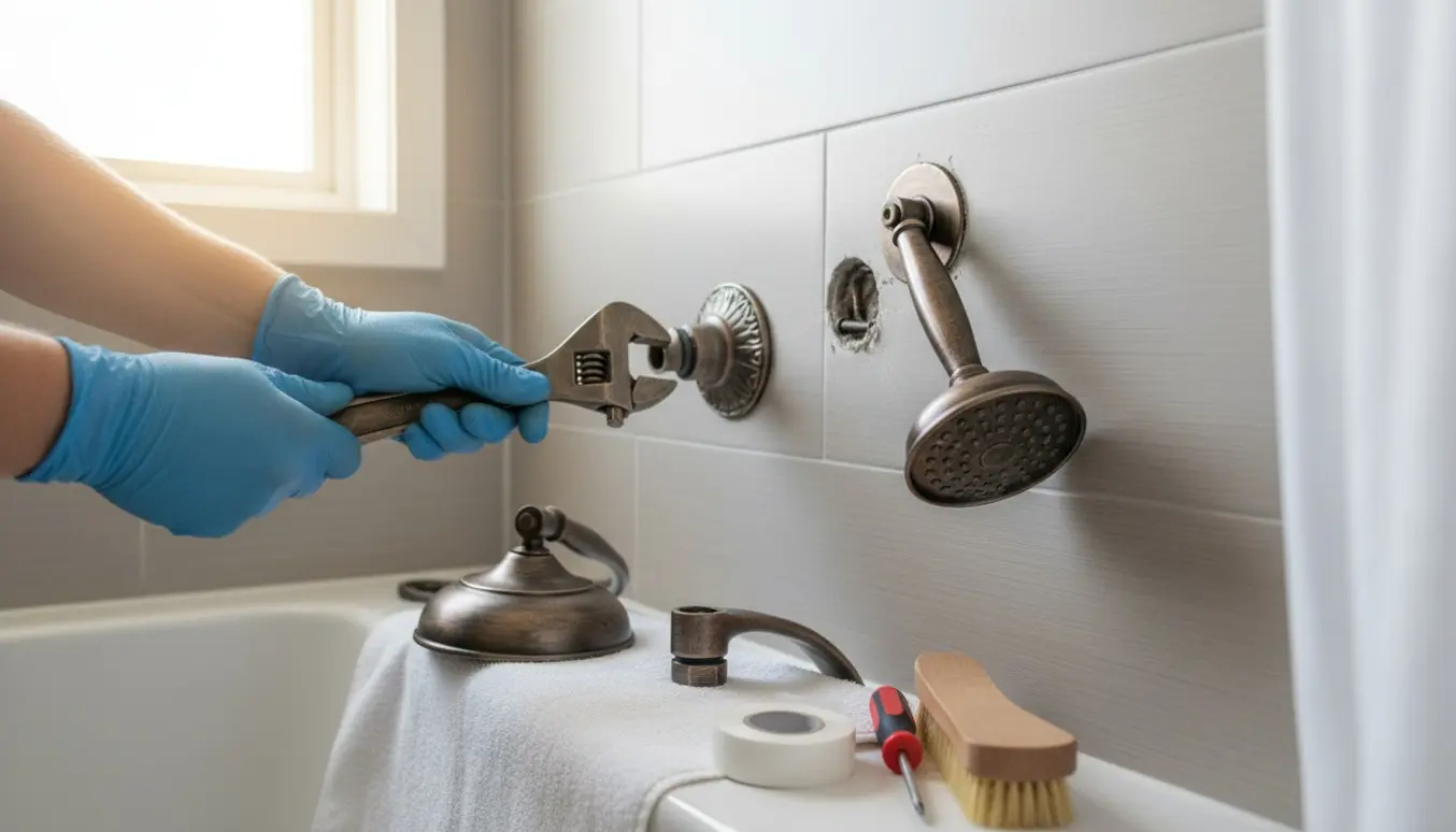 Nærbillede af udskiftning af gammel bronzebruser med nyt beslag og værktøj ved flisevæggen.