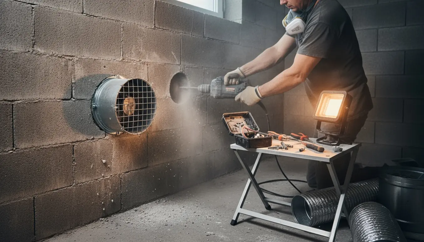 Hænder installerer ventilator i kælder med borehul i beton, værktøj og åbent elskab.