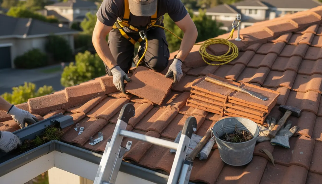 Håndværker udskifter tagsten og renser tagrender på et hus set tæt på uden synligt ansigt.