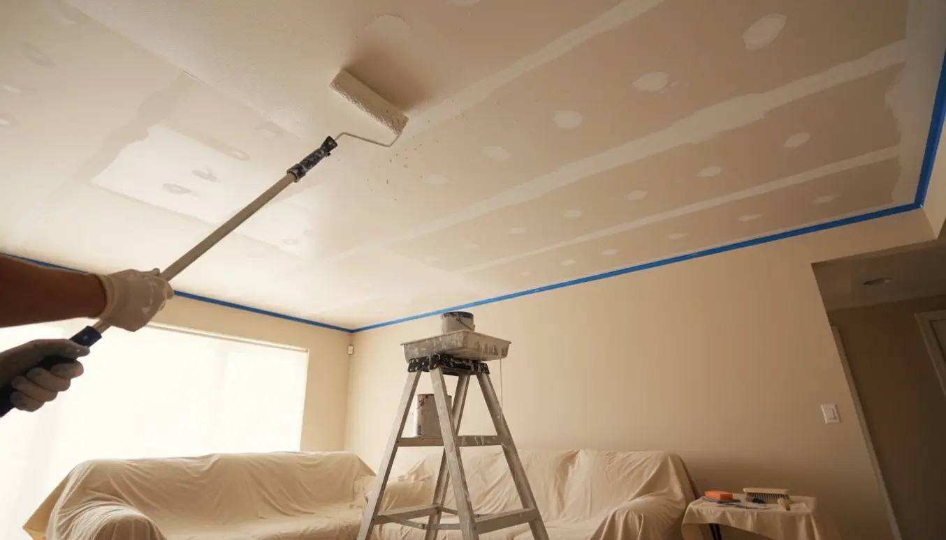 Nærbillede af en malerulles påføring af frisk maling på et snavset gipsloft med afdækningsplast og værktøj i rummet.