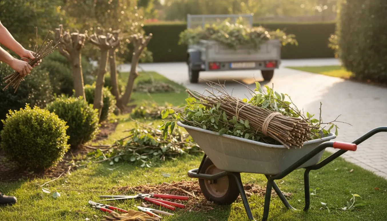 Trillebør fyldt med nyskårede grene foran beskårne buske, klar til bortkørsel.