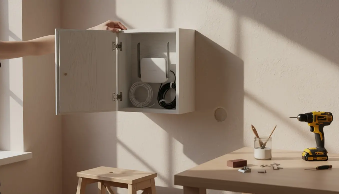 Hvidmalet træskab til router monteret på væg med værktøj og synlige kabler.