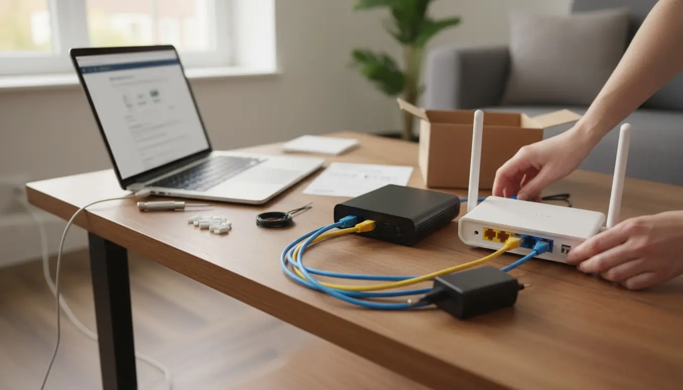 Hænder forbinder modem og router på et skrivebord under installation af hjemmeinternet.