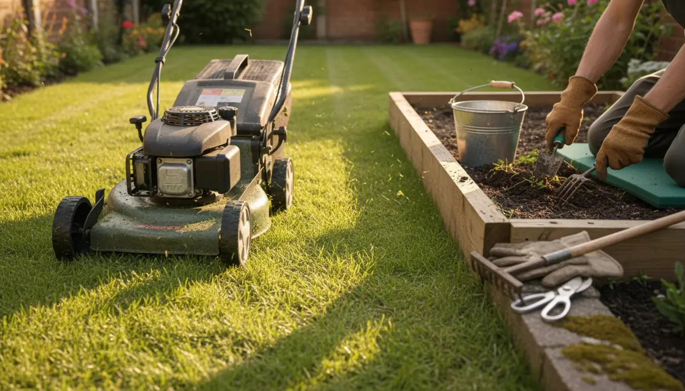 Håndplæneklipper på en lille græsplæne mens hænder luger ukrudt i et bed.
