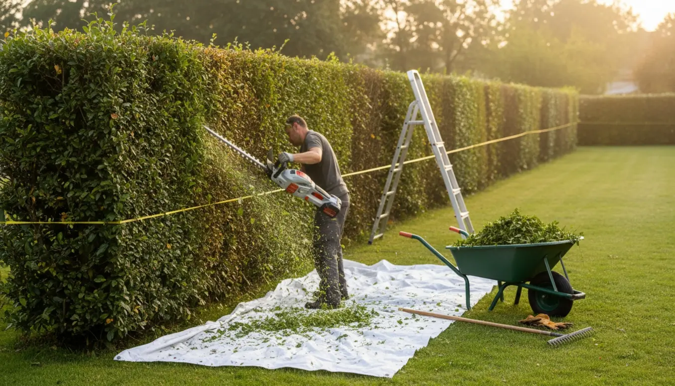 Lang ligusterhæk bliver klippet ned med en hækkeklipper, afklip samlet i en trillebør og på et lagen.