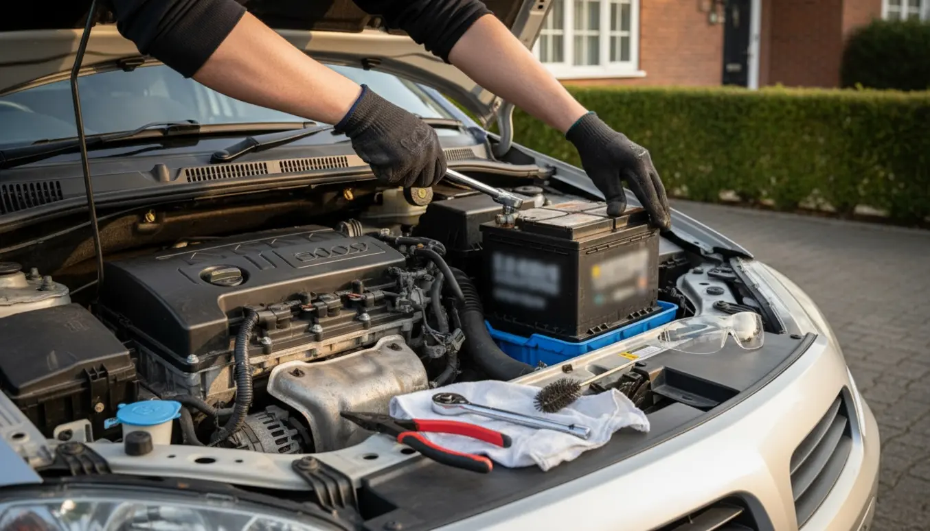 Hænder, der skifter bilbatteri i en åben motorhjelm på en lille hatchback.