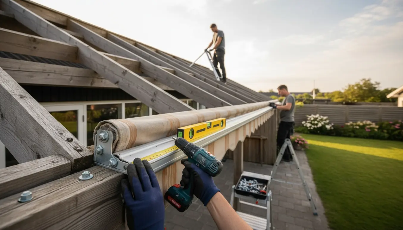 Nærbillede af montører, der fastgør en brugt ca. 4 m markise i tagspær på et étplans parcelhus i Brøndby Strand.