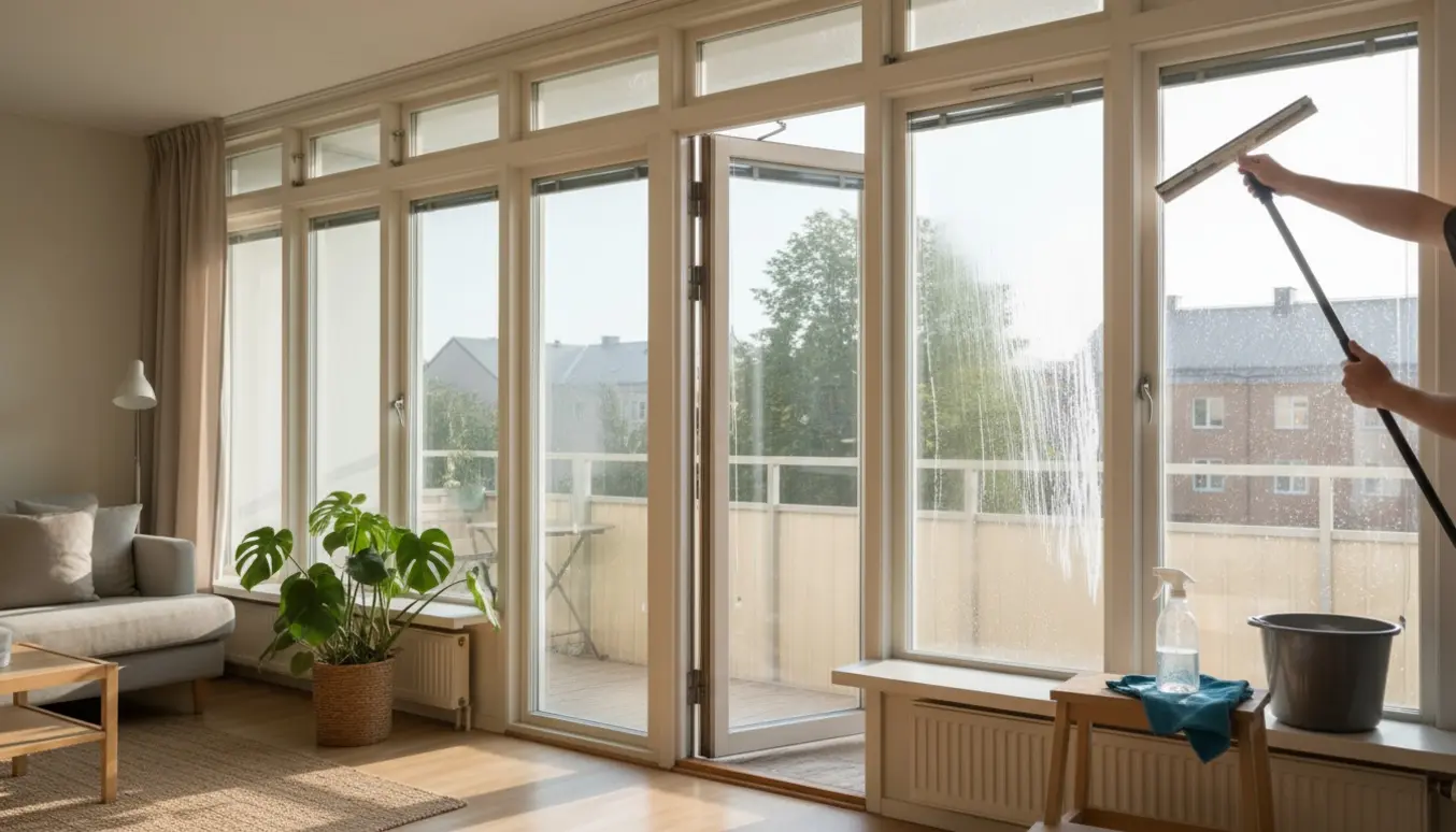 Hænder pudser altandøre og vinduer i en lys lejlighed med flere små vinduer.
