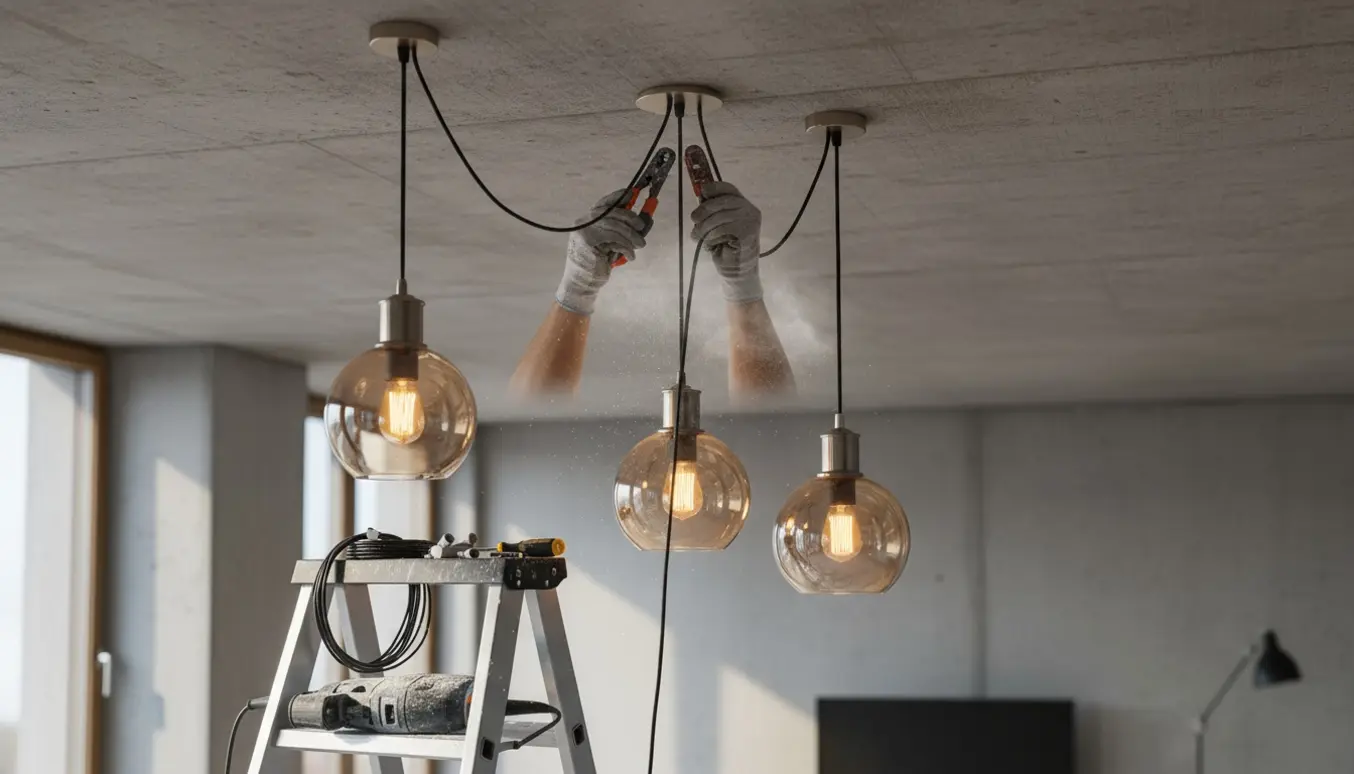 Installation af tre lamper i betonloft, en lampe under montering med eksponeret ledning og borhammer på en stige.