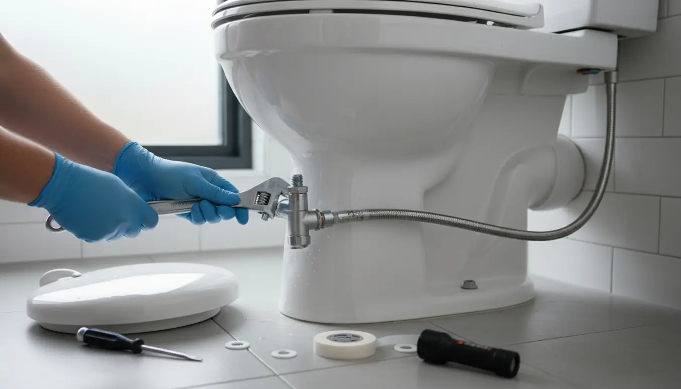 Nærbillede af hænder, der strammer monteringsboltene på cisternen af et fritstående hvidt gulvtoilet i et lyst flisebadeværelse.