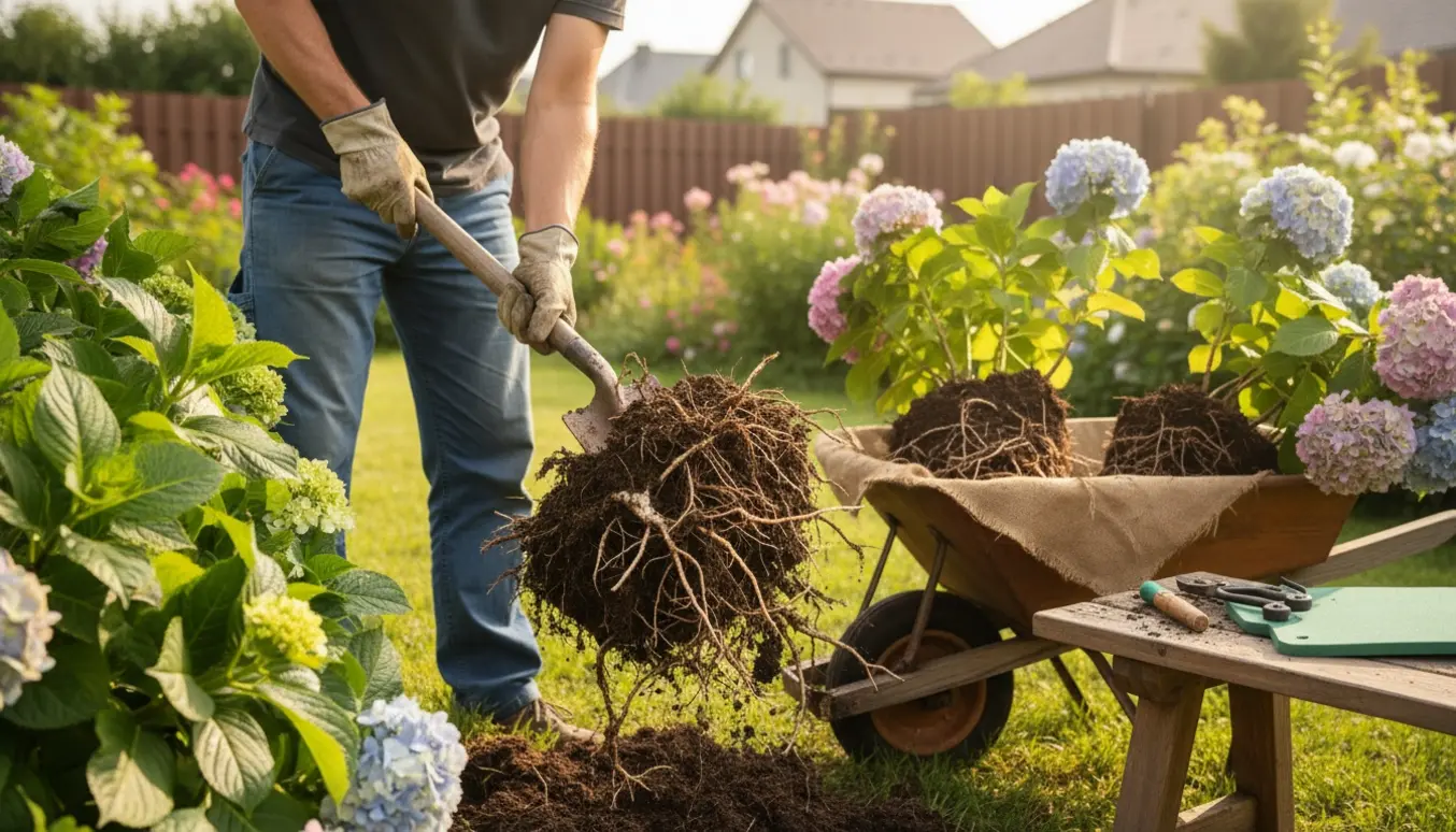 5-6 hortensiaer graves op og lægges i en trillebør i et solbeskinnet blomsterbed.