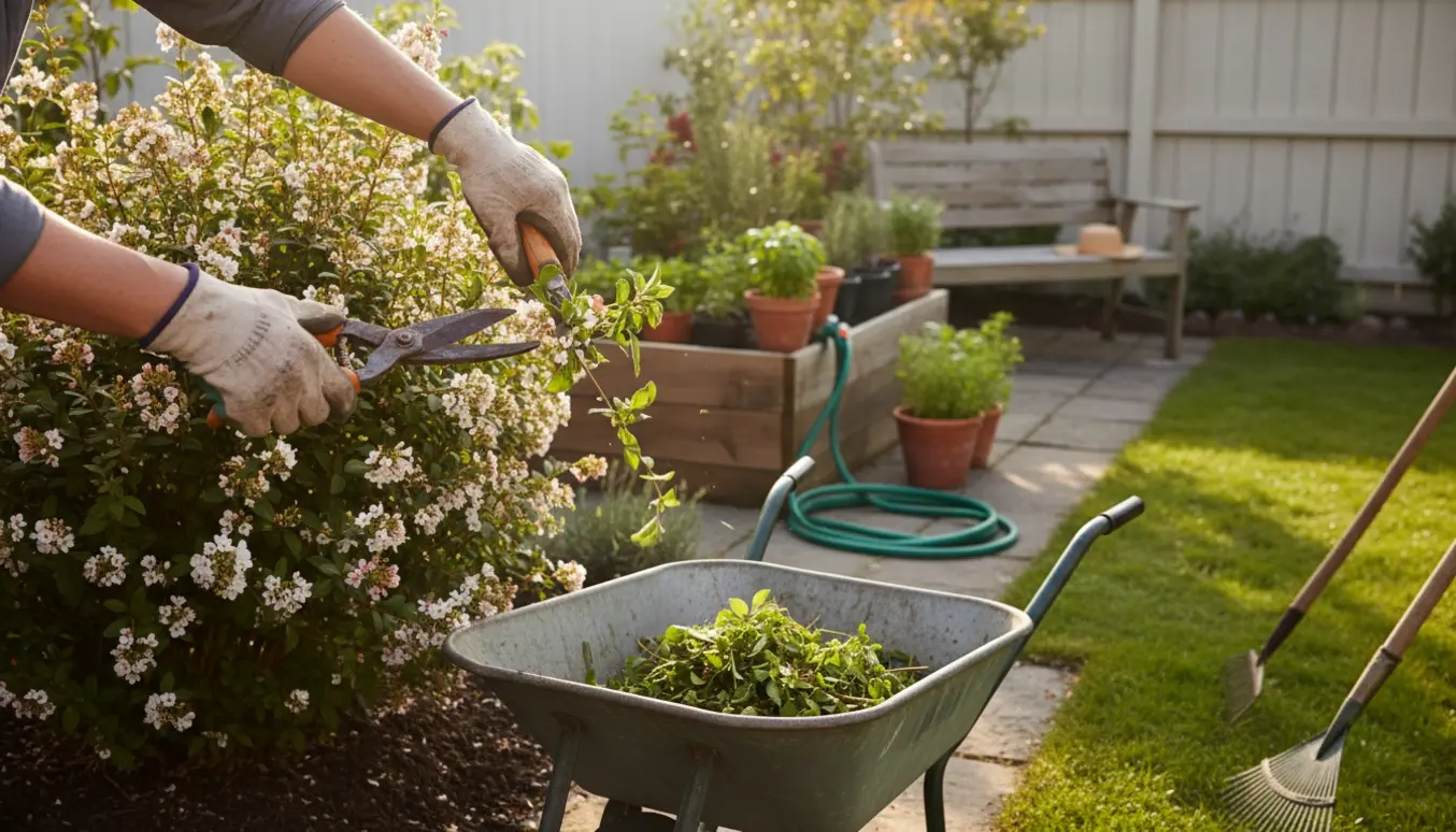 Hænder beskærer en busk i en velplejet have med haveredskaber i baggrunden.