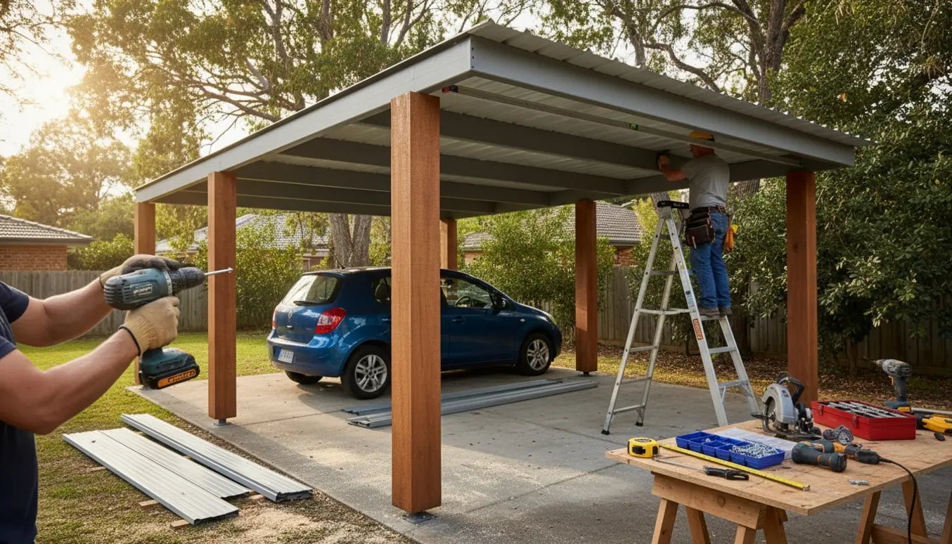 Montering af tag på en carport ved indkørsel med værktøj og materialer i fokus.