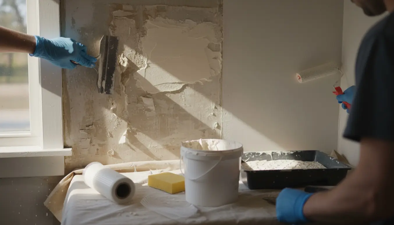 Nærbillede af køkkenvæg under renovering med fjernet tapet, spartel, filt og maling i gang.
