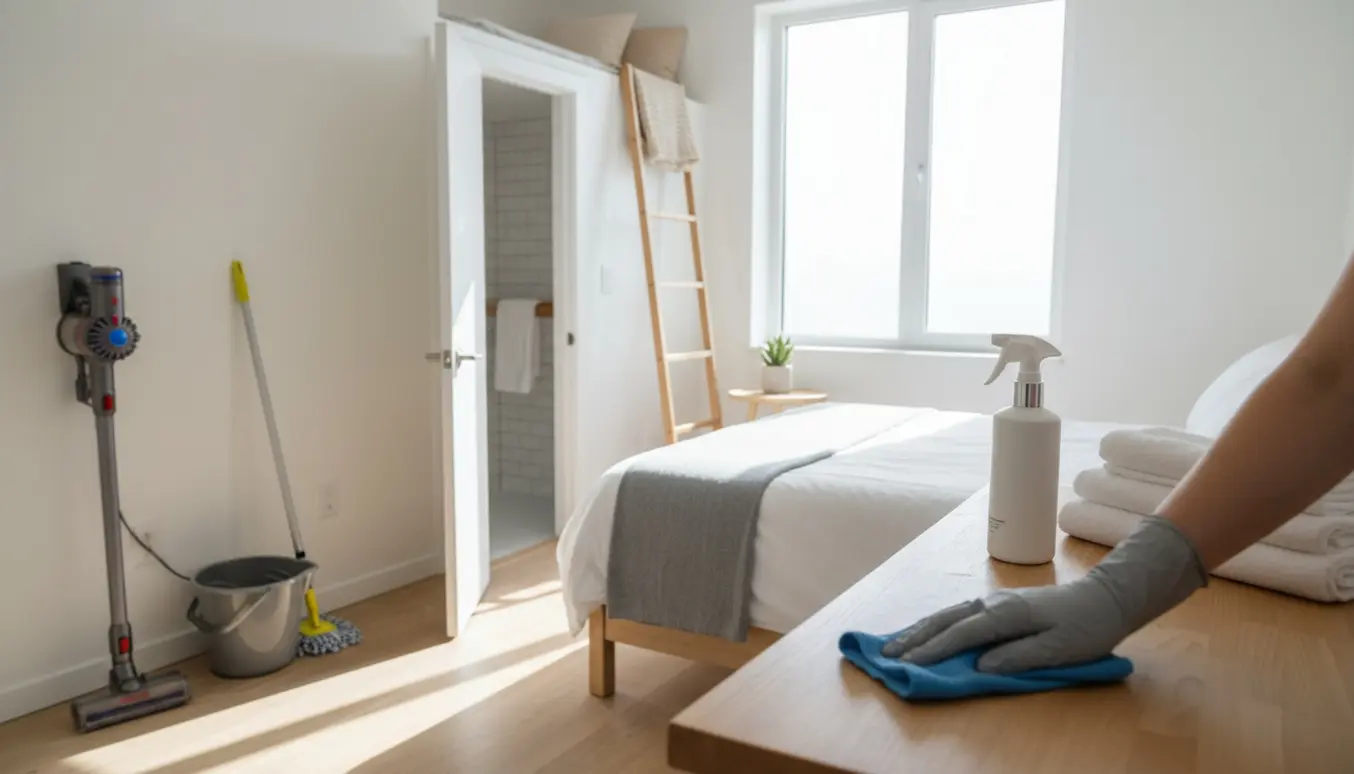 Hænder gør rent i en lys, kompakt Airbnb-lejlighed med køkken, seng og hems.