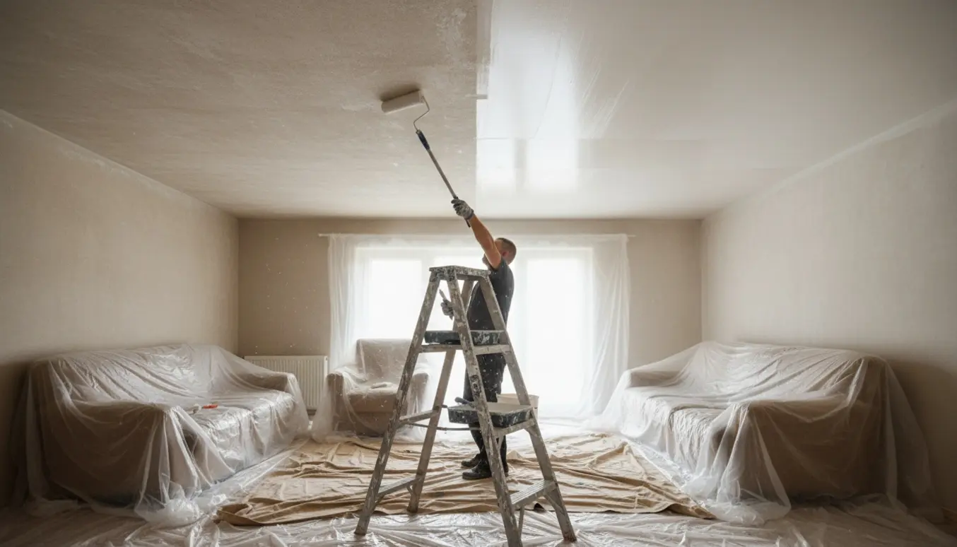 En maler ruller hvid maling på et afdækket stue-loft med stige og afdækning omkring møblerne.
