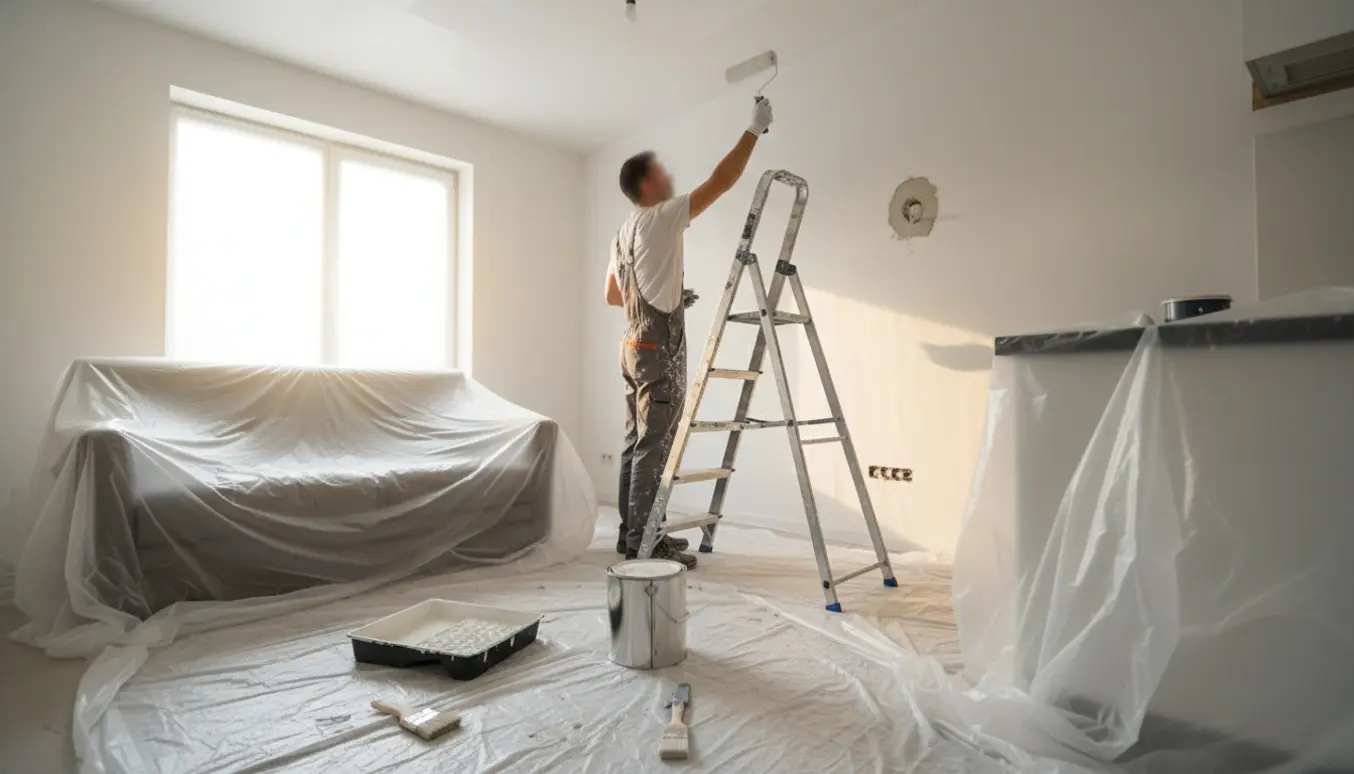 Et lyst 60 m² lejlighedsrum hvor en maler på stige spartler og maler hvide vægge, med møbler dækket til.