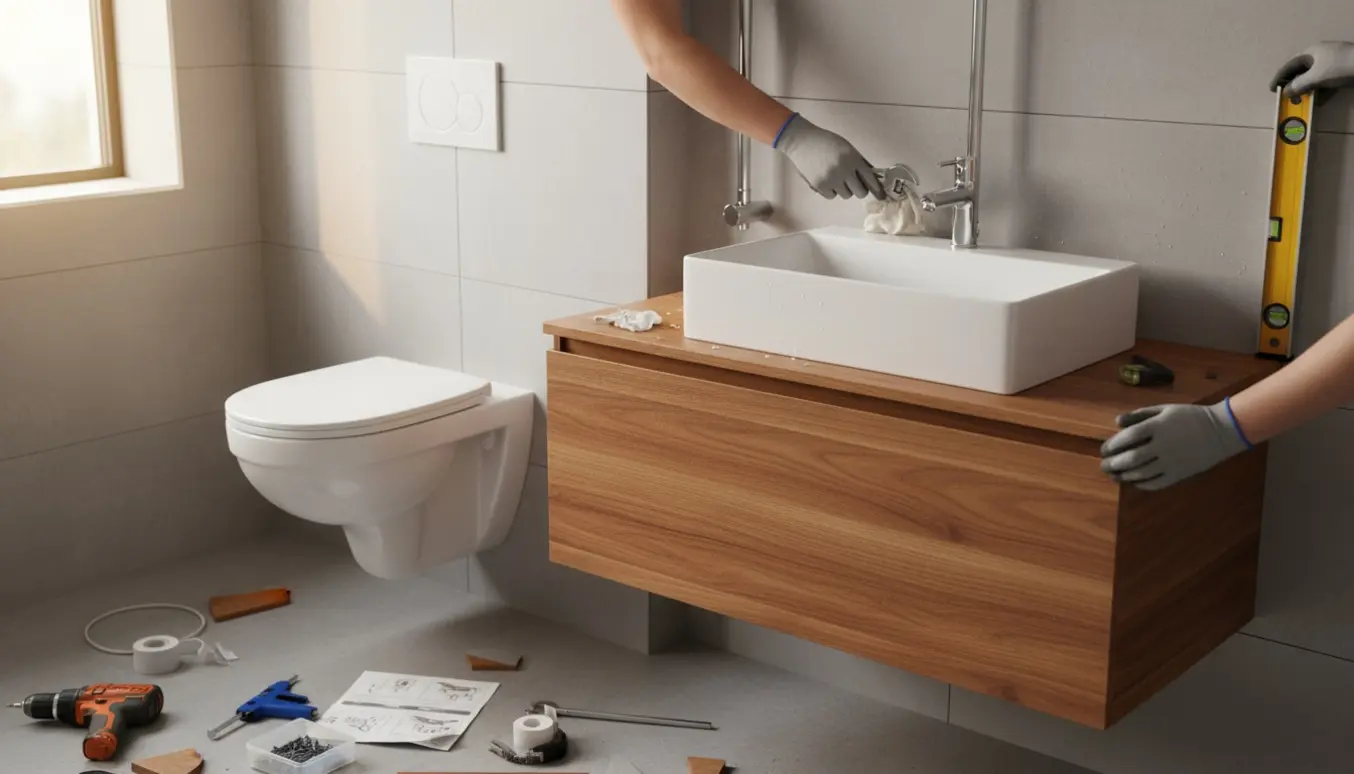 Håndværker monterer væghængt toilet, bruserstang og badeværelsesmøbel med blandingsbatterier i et moderne flisebadeværelse.