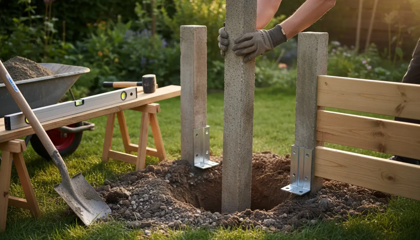 Betonstolpe sættes på plads i et forhav i hul med bundstykker og træ klar til montering.