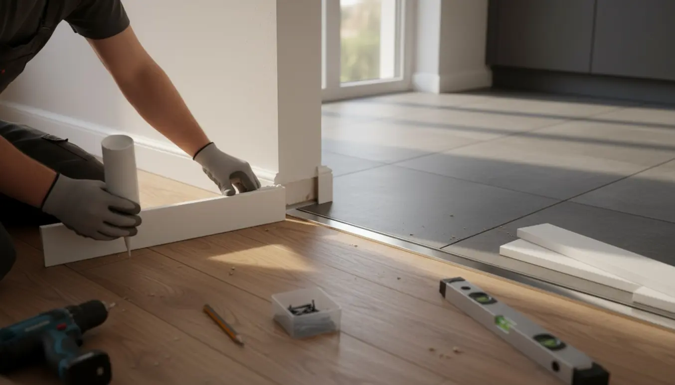 Fodpanel monteres ved en alu-skinne mellem stue og køkken med værktøj på gulvet.