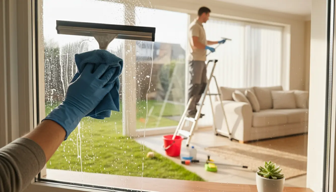 Nærbillede af vinduespudsning på stueplan med indvendig klud og rudeskraber og en pudser udenfor på en stige set gennem ruden.