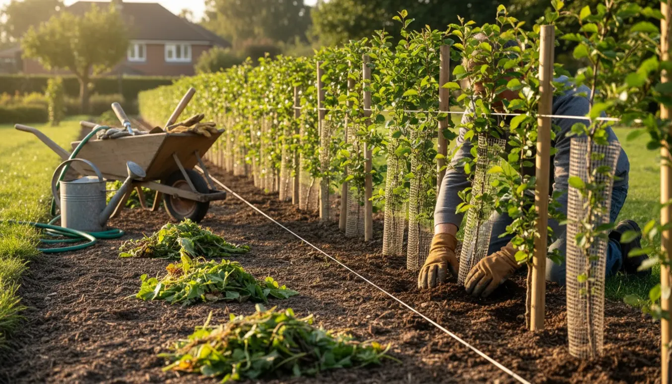 Nyplantet bøgehæk med rene ukrudtsfrie kanter og haveredskaber, en havearbejder set bagfra.