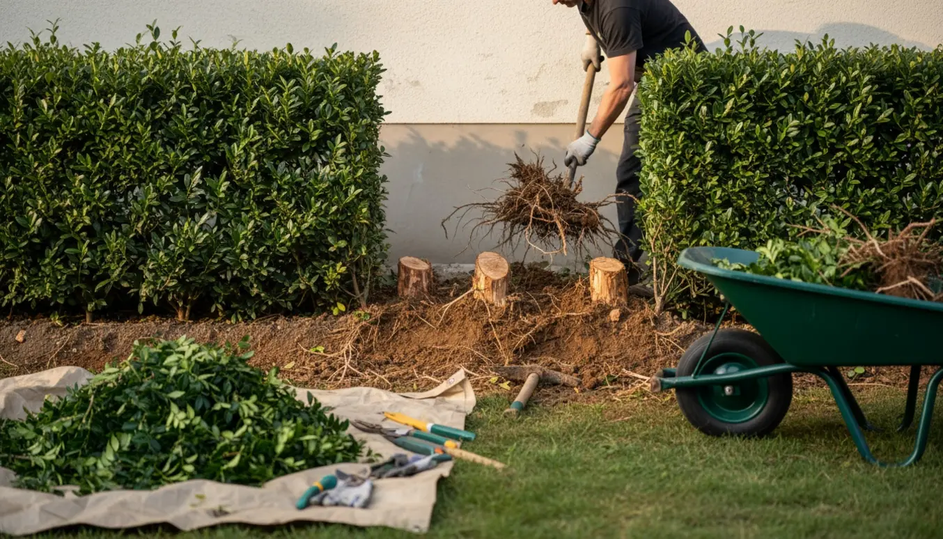 Udsnit af buksbomhæk langs husmur med skovl, trillebør og bunke af kviste under rodudgravning.