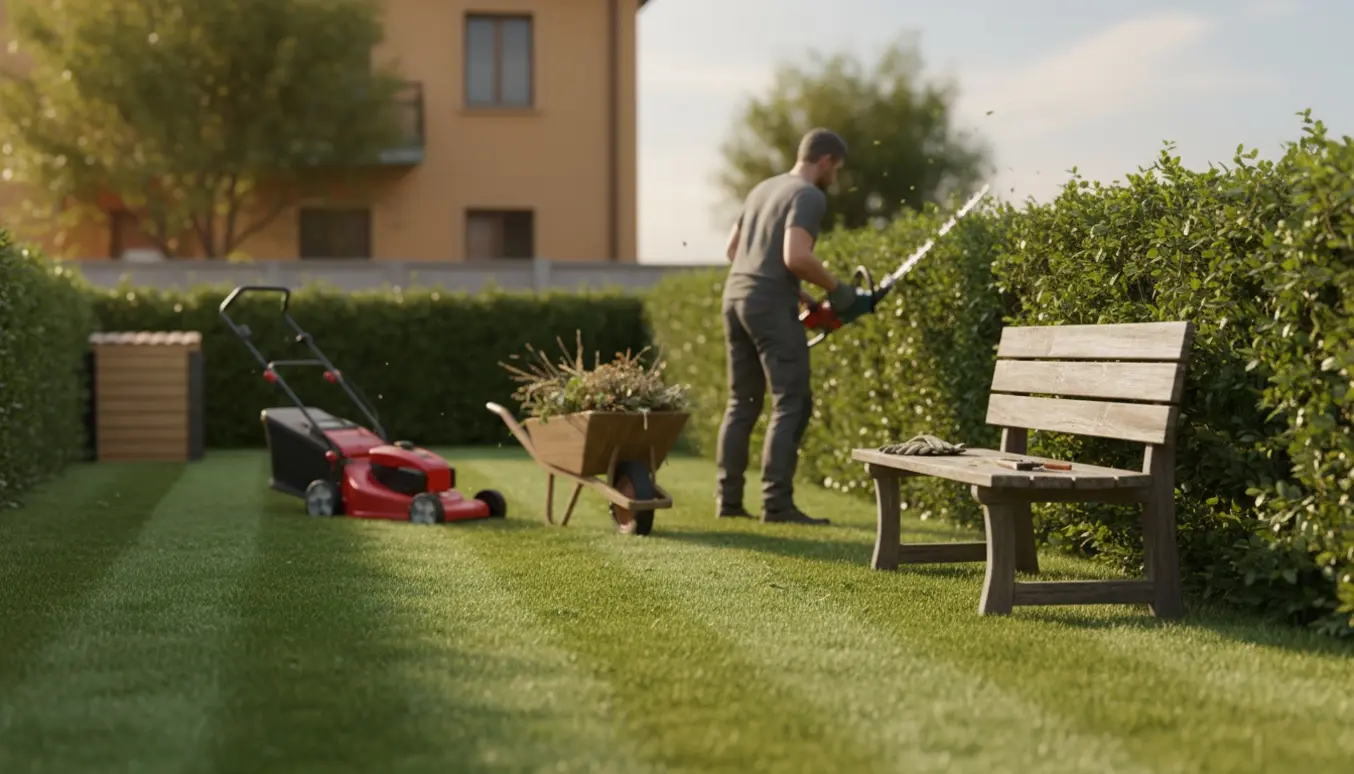 Sommerlig villahave med nyslået græs, fjernet ukrudt og en person set bagfra, der klipper hæk.
