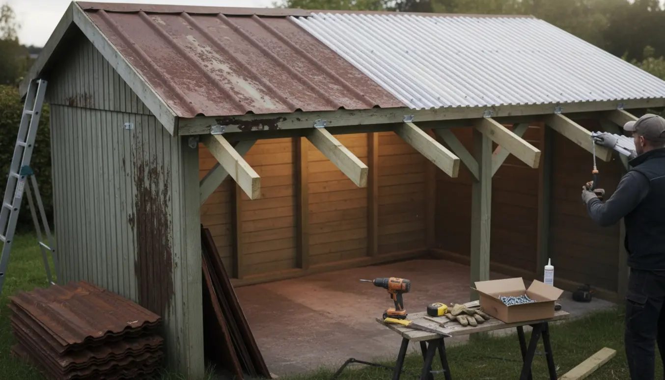 Skur ved carport med halvt rustent tag og nye klare plastplader og udskiftede spæ­re under montering.