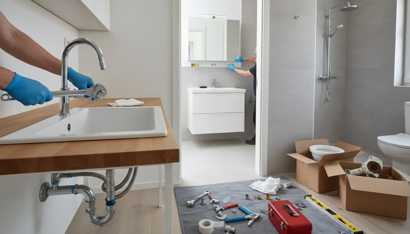 Hænder monterer en ny køkkenvandhane i forgrunden, mens et lyst badeværelse med vask, spejlskab, underskab og nyt toilet installeres i baggrunden.