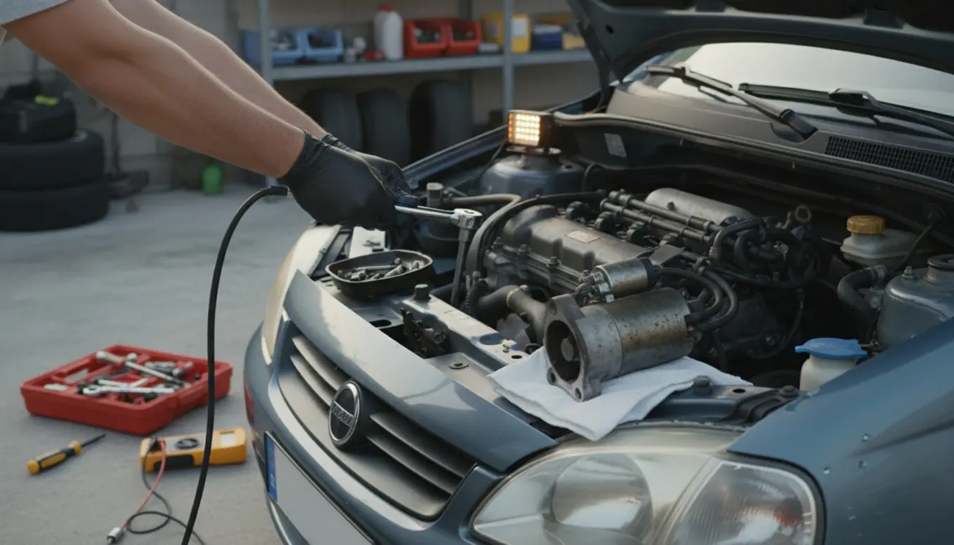 Åben motorhjelm på en lille hatchback med den udtagne startermotor på en klud og en mekanikers hænder, der arbejder med en skruenøgle.