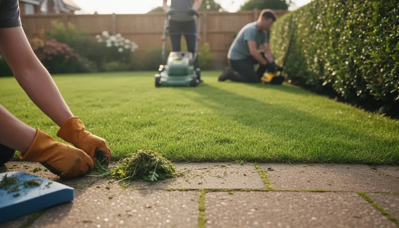 Havearbejde med græsslåning, hækklipning og fjernelse af ukrudt mellem fliser.