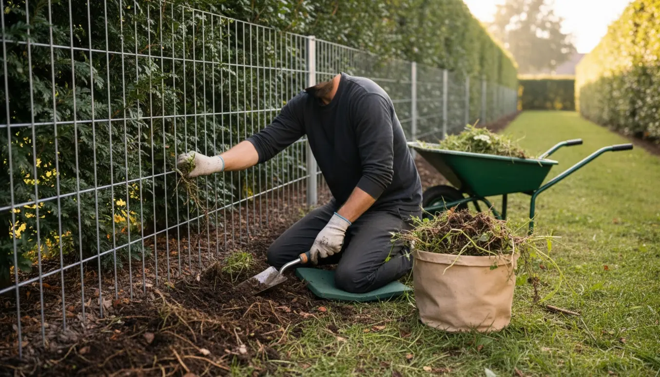 Nærbillede af hænder, der fjerner ukrudt under en lang hæk ved siden af et højt trådhegn.