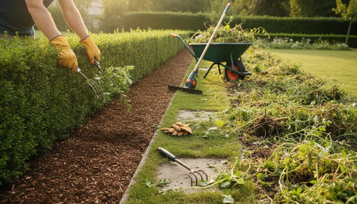 Lang hæk og bed med den ene side renset og kanttrimmet, haveredskaber og en trillebør med ukrudt ved siden af.