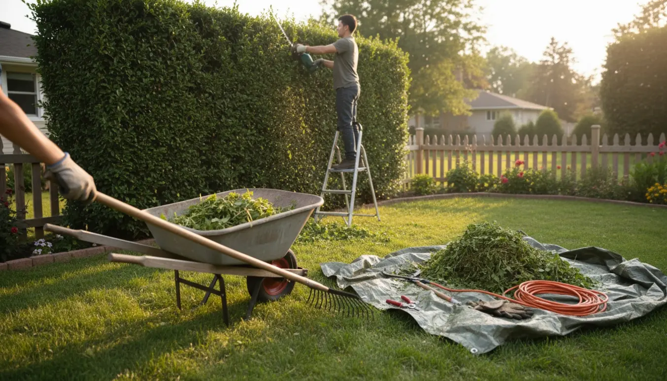 En havehjælper trimmer en hæk, mens haveredskaber og friske hækklip ligger i en solrig villahave.